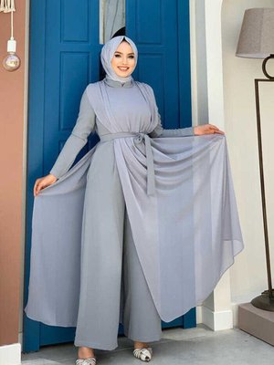Şifon Pelerin Detay Bel Kuşaklı Tulum Gri