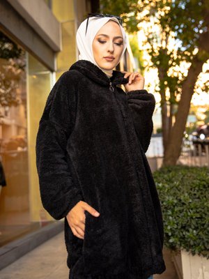 Sıyah Peluş Mont Sıyah Peluş Mont
