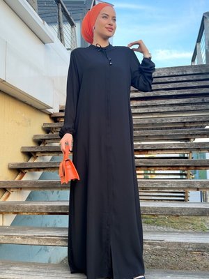 Mısra Kolları Lastikli Gizli Fermuarlı Ferace Siyah