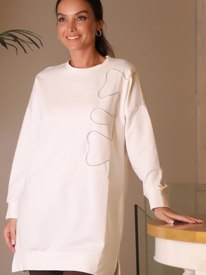 Ekru Taş İşlemeli Uzun Sweatshirt Ekru Taş İşlemeli Uzun Sweatshirt