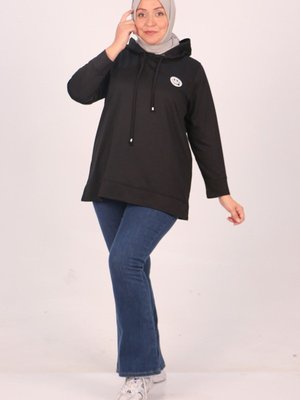 Siyah Büyük Beden Baskılı İki İplik Kısa Sweat
