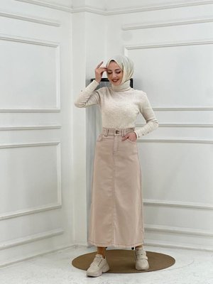 Nakışlı Kontrast Ipli Gabardin Etek Ekru