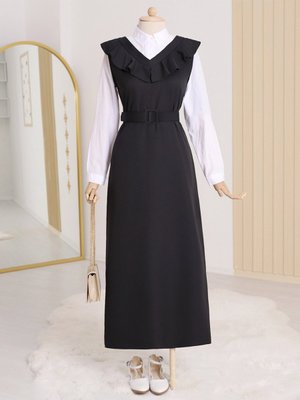 Yakası V Kemerli Uzun Jile Elbise