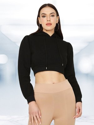 Siyah Kapüşonlu Crop Sweatshirt