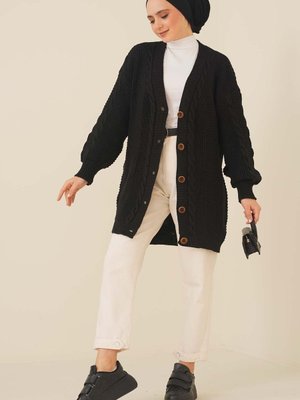 Örgü Desenli Önden Düğmeli Hırka Siyah