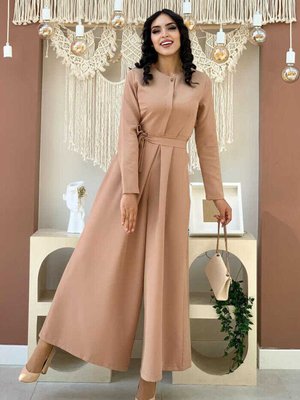 Göğüs Kısmı Gizli Düğme Detaylı Bel Kuşaklı Tulum Taba