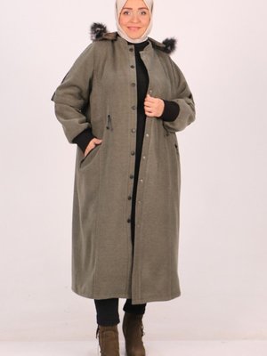 Haki Büyük Beden Çıtçıtlı Diagonal Kaşe Kaban