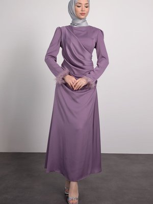 Önü Pilise Ve Düğme Detaylı Abiye Elbise Mor