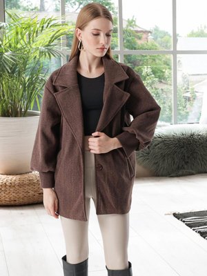 Süt Kahve Balon Kol Cepli Kaşe Kaban