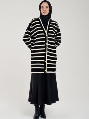Çift Çizgili Gold Düğmeli Uzun Hırka Siyah Vanilya