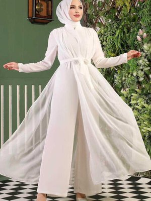 Şifon Pelerin Detay Bel Kuşaklı Tulum Ekru