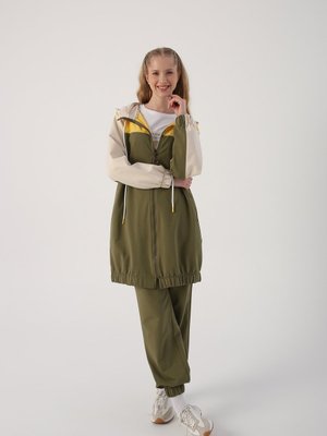 Açık Haki Renkli Dokuma Garnili Kapüşonlu Eşofman Takım