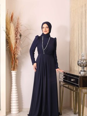 Önü Piliseli Taş Detaylı Sedef Tulum Lacivert