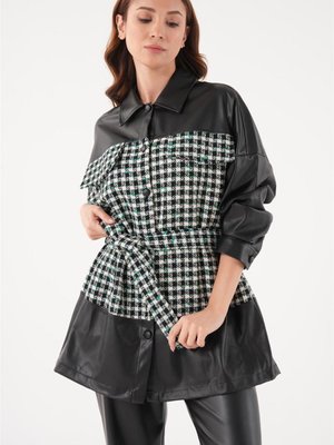 Deri Detaylı Ekose Benetton Yeşili Gömlek