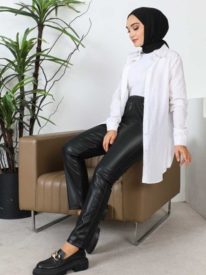 Siyah Yüksek Bel Şardonlu Deri Pantolon Siyah Yüksek Bel Şardonlu Deri Pantolon