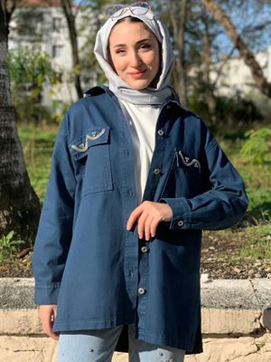 İndigo Cepleri Dalga Taşlı Gabardin Ceket