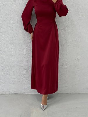 Belden Bağlama Detaylı Saten Abiye Elbise Bordo Belden Bağlama Detaylı Saten Abiye Elbise Bordo