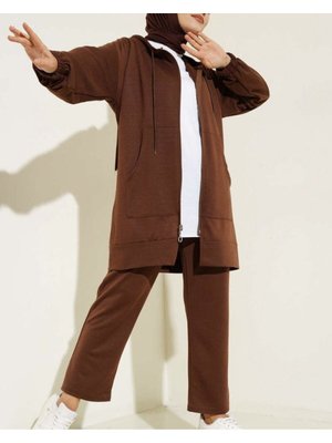Pamuklu İkili Eşofman Takımı Çikolata Kahverengi Kapüşonlu Fermuarlı Cepli Slim Fit