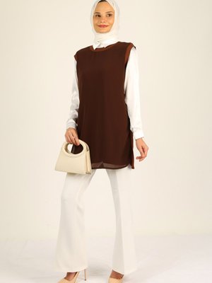 Triko Detaylı Önü Şifon Yırtmaçlı Tunik/süveter