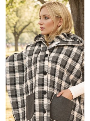 Gri Kapüşonlu Ekose Desenli Panço