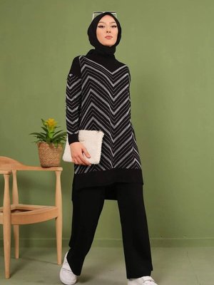 Simli Triko Tunik Pantolon Takım Siyah