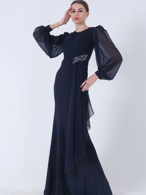 Lacivert Tül Detaylı Simli Abiye Elbise Lacivert Tül Detaylı Simli Abiye Elbise