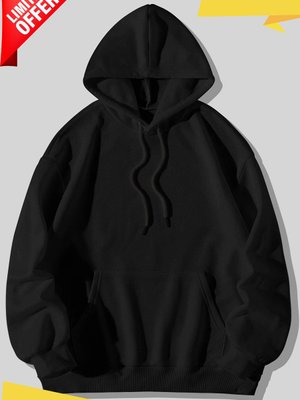 Siyah Kapüşonlu Cepli Oversize Hoodie | Büyük Beden Örme Sweatshirt