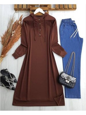 Düğmeli Kapşonlu Tam Boy Tunik