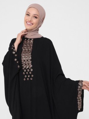 Doğal Kumaşlı Pul Detaylı Ferace Siyah