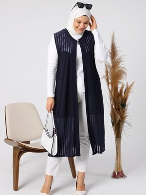 Tesettur Kadin Buyuk Beden Yelek Anne Uzun Lacivert