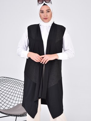 Kadin Tesettur Deri Yelek Uzun Asimetrik Kesim Siyah