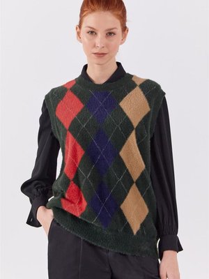 Baklava Desenli Triko Koyu Yeşil Süveter