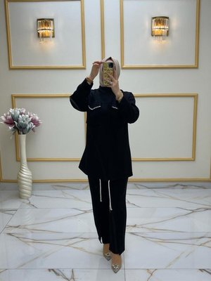 Siyah Pamuklu Scuba Kumaş İkili Takım