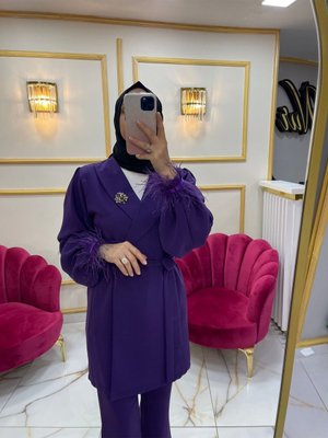 Mor Kolu Tüy Detaylı İkili Takım