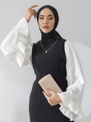 Kendinden Kemerli Salaş Kol Siyah Elbise