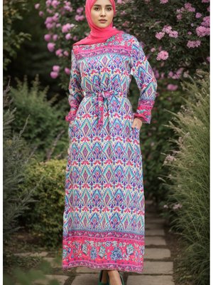 Desenli Viskon Elbise Fuşya