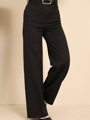 Siyah Bol Paça Kemerli Kumaş Pantolon