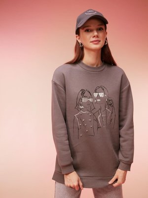 Regular Fit Bisiklet Yaka Nakışlı İçi Yumuşak Tüylü İnce Sweatshirt Tunik