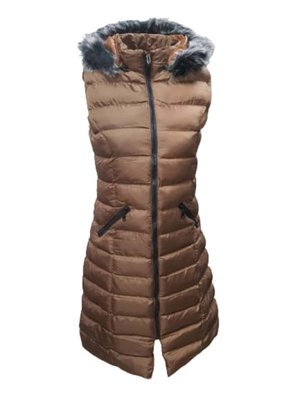 Ay Bilge Kapüşonlu Kürklü Uzun Şişme Yelek Kahverengi Kahverengi