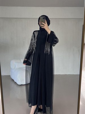 Taş İşlemeli Tasarım Abaya Siyah