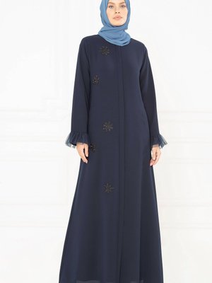 Ege Tül Detaylı Taş Işlemeli Lacivert Ferace