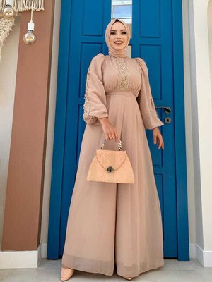 Dantel İşleme Detay Kol Manşetleri Lastikli Şifon Tulum Taş