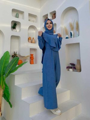 Omuz Kısmı Fıfır Pelerin Detaylı Arka Fermuarlı Tulum İndigo