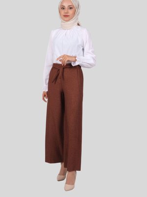 Kahve Önü Kuşaklı Geniş Paça Diagonel Pantolon