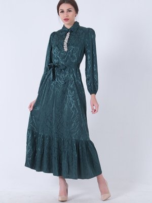 Zümrüt Hakim Yaka Kemer Detaylı Abiye Elbise Zümrüt Hakim Yaka Kemer Detaylı Abiye Elbise