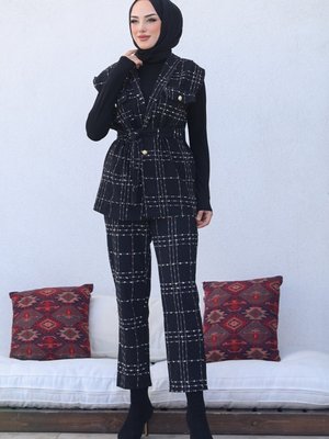 Ulya Çift Cepli Düğmeli Yelek Pantolon İkili Takım 395 - Siyah Ulya Çift Cepli Düğmeli Yelek Pantolon İkili Takım 395 - Siyah