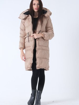 Bej Kapüşonlu Dolum Şişme Mont