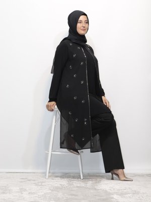 Büyük Beden Önü Taşlı Yaka Düğmelinlu Gömlek Tunik