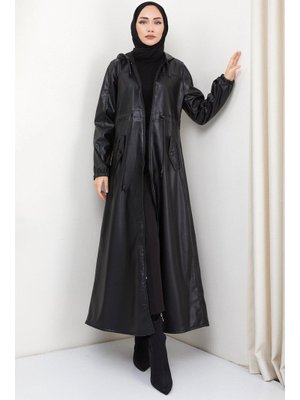 Siyah Kapüşonlu Bağlamalı Uzun Deri Trençkot