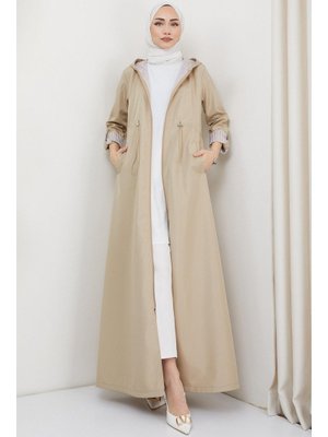 Bej Kapüşonlu Çizgili Uzun Trençkot Bej Kapüşonlu Çizgili Uzun Trençkot